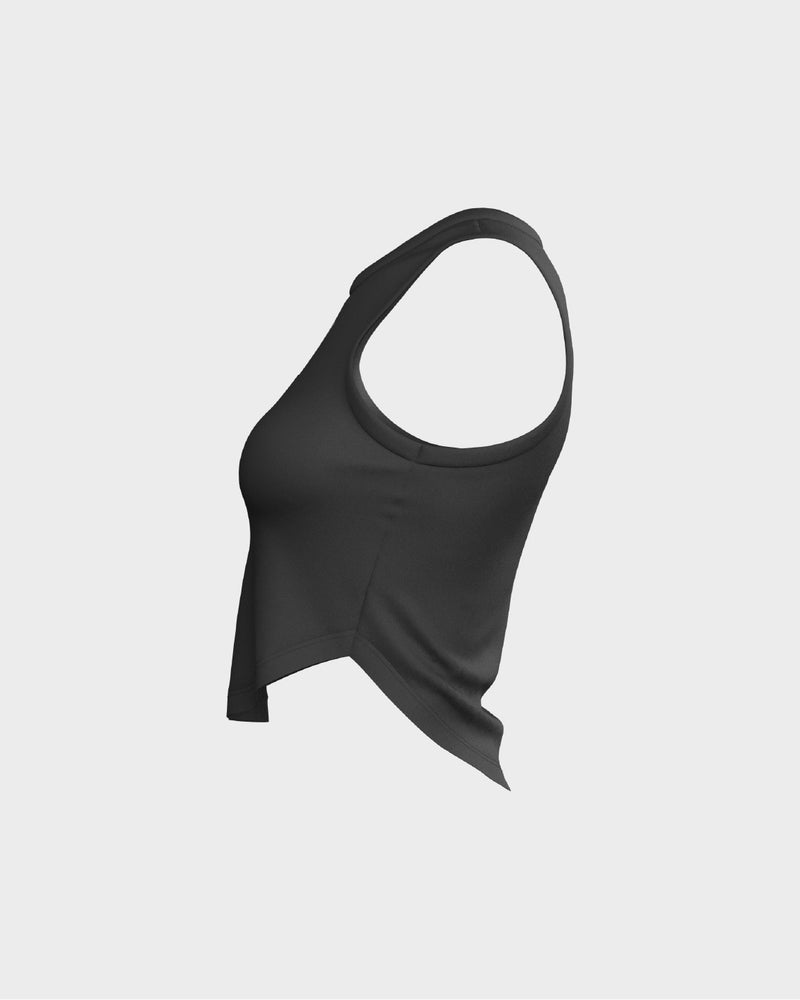Ladies Relaxed Scallop Bottom Crop Tank Top - Black
