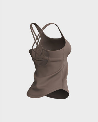 Ladies CrissCross Strappy Back Scallop Bottom Tank Top - Beige