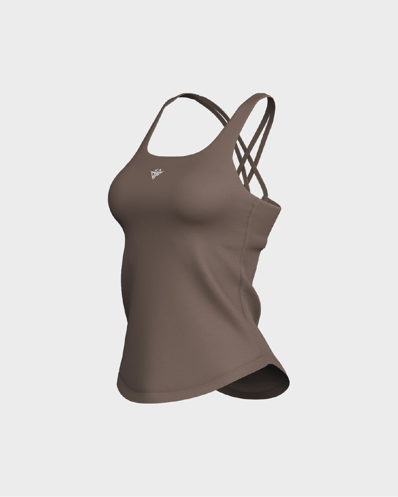 Ladies CrissCross Strappy Back Scallop Bottom Tank Top - Beige
