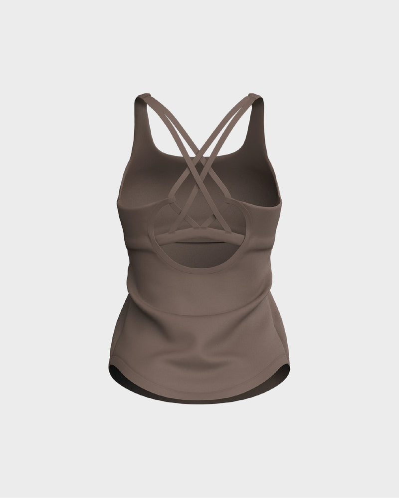 Ladies CrissCross Strappy Back Scallop Bottom Tank Top - Beige