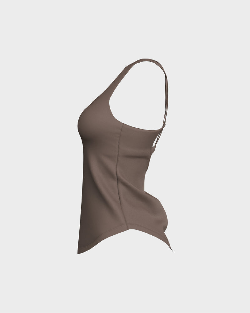 Ladies CrissCross Strappy Back Scallop Bottom Tank Top - Beige