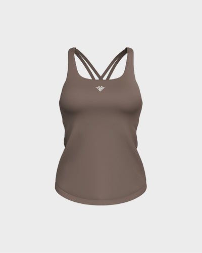 Ladies CrissCross Strappy Back Scallop Bottom Tank Top - Beige