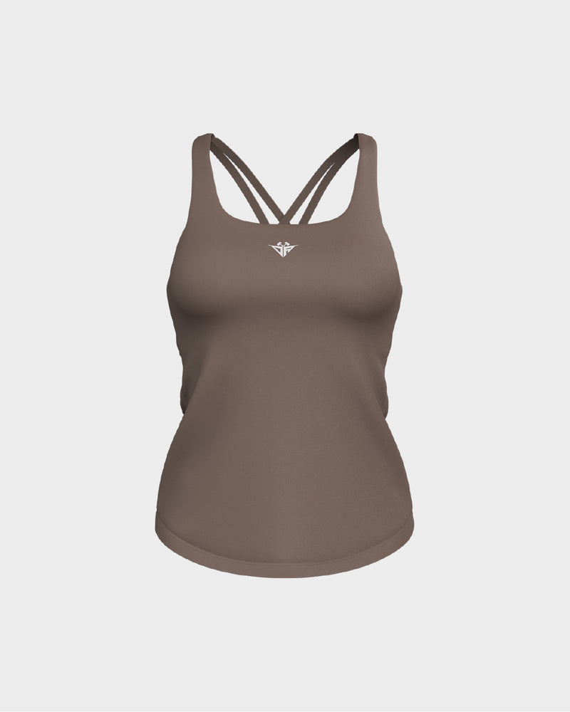 Ladies CrissCross Strappy Back Scallop Bottom Tank Top - Beige