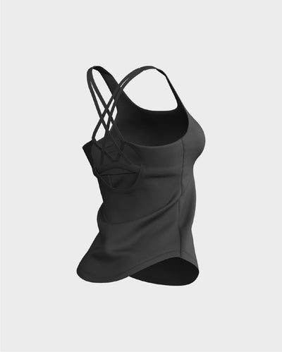 Ladies CrissCross Strappy Back Scallop Bottom Tank Top - Black