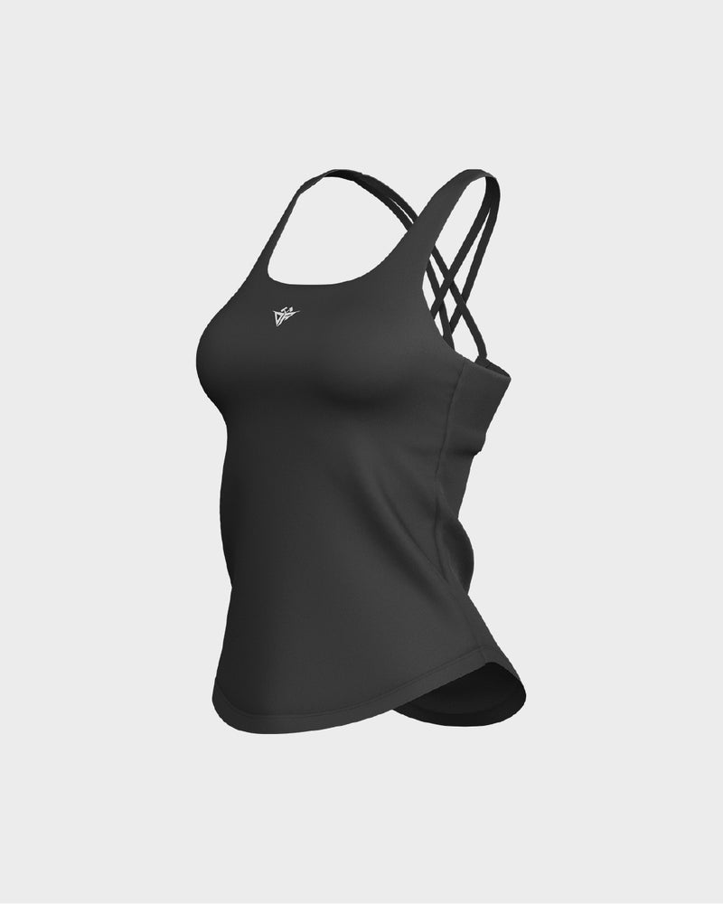 Ladies CrissCross Strappy Back Scallop Bottom Tank Top - Black
