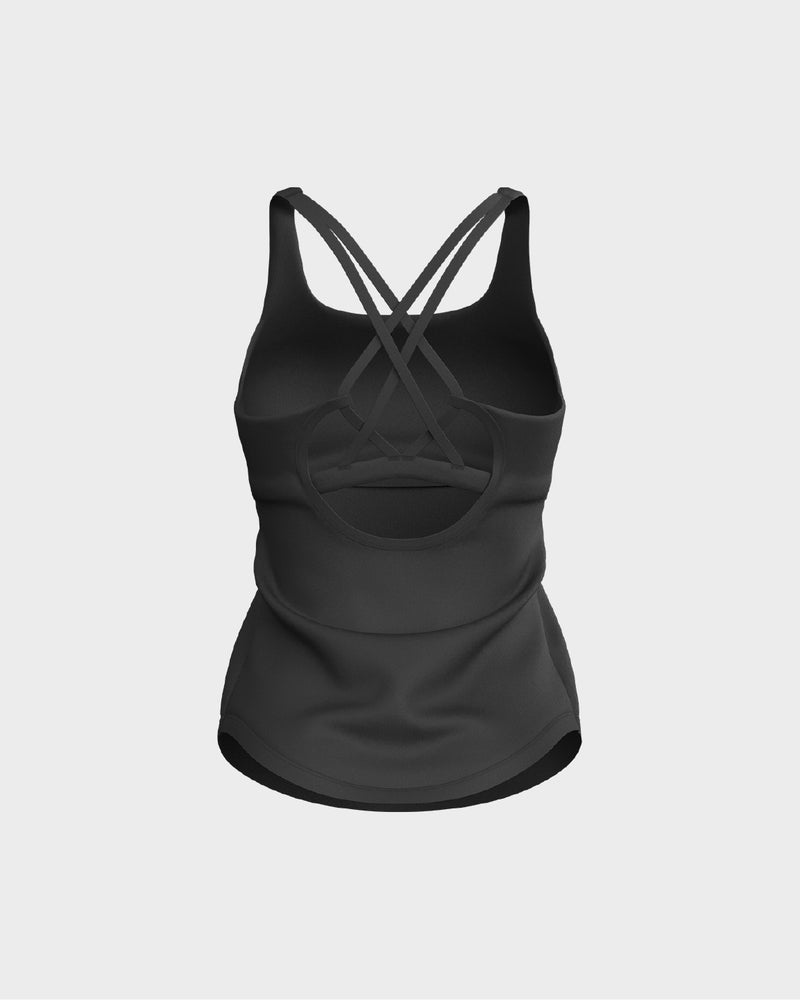 Ladies CrissCross Strappy Back Scallop Bottom Tank Top - Black