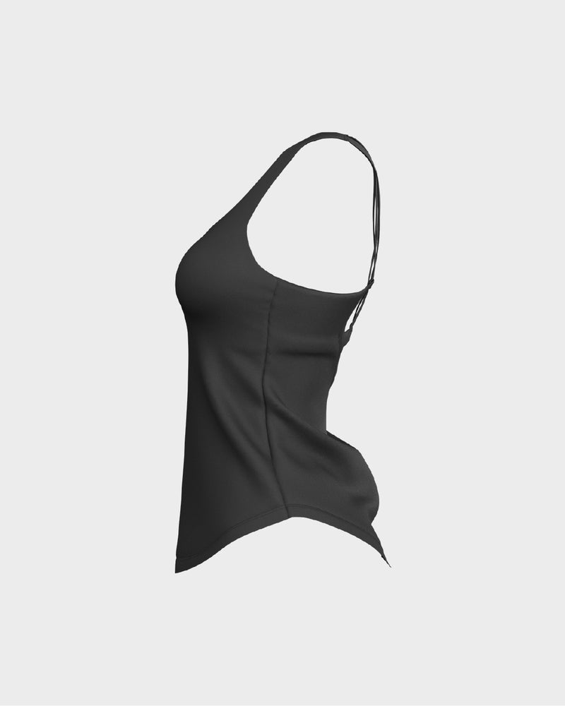 Ladies CrissCross Strappy Back Scallop Bottom Tank Top - Black