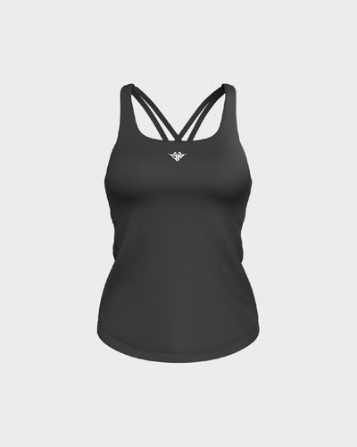 Ladies CrissCross Strappy Back Scallop Bottom Tank Top - Black