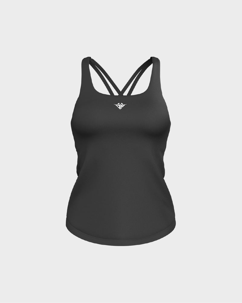 Ladies CrissCross Strappy Back Scallop Bottom Tank Top - Black