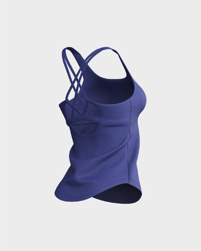 Ladies CrissCross Strappy Back Scallop Bottom Tank Top - Blue
