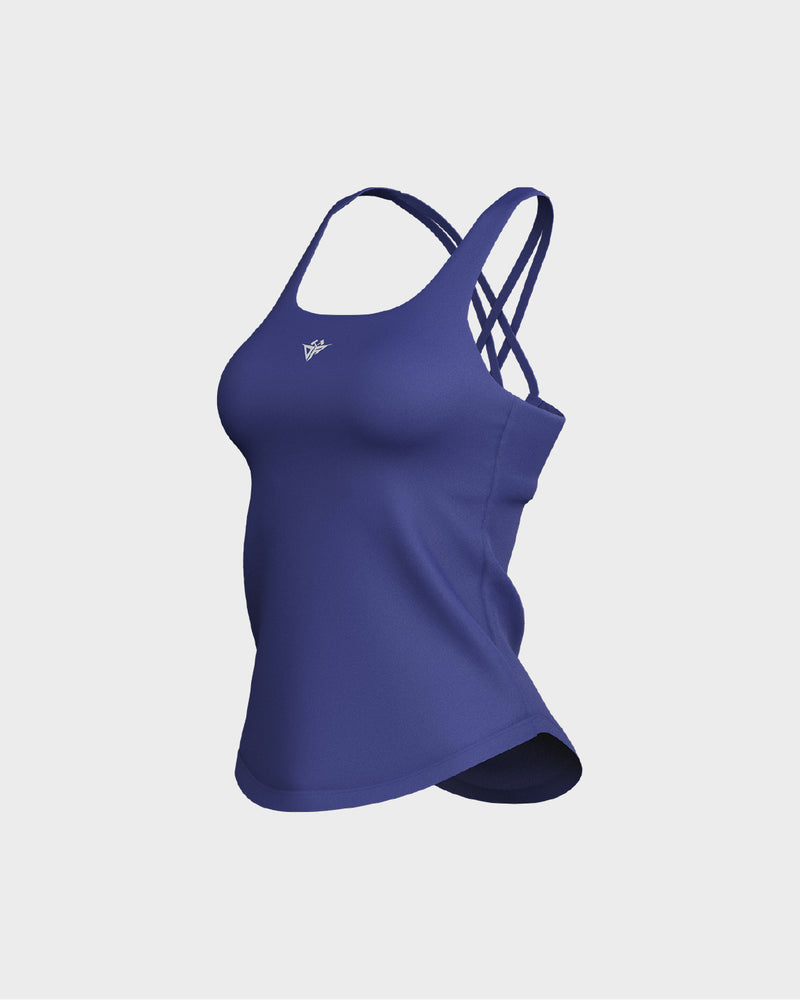 Ladies CrissCross Strappy Back Scallop Bottom Tank Top - Blue