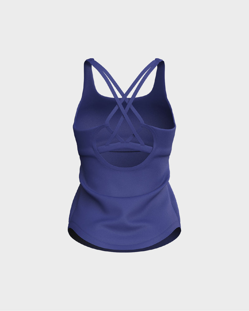 Ladies CrissCross Strappy Back Scallop Bottom Tank Top - Blue