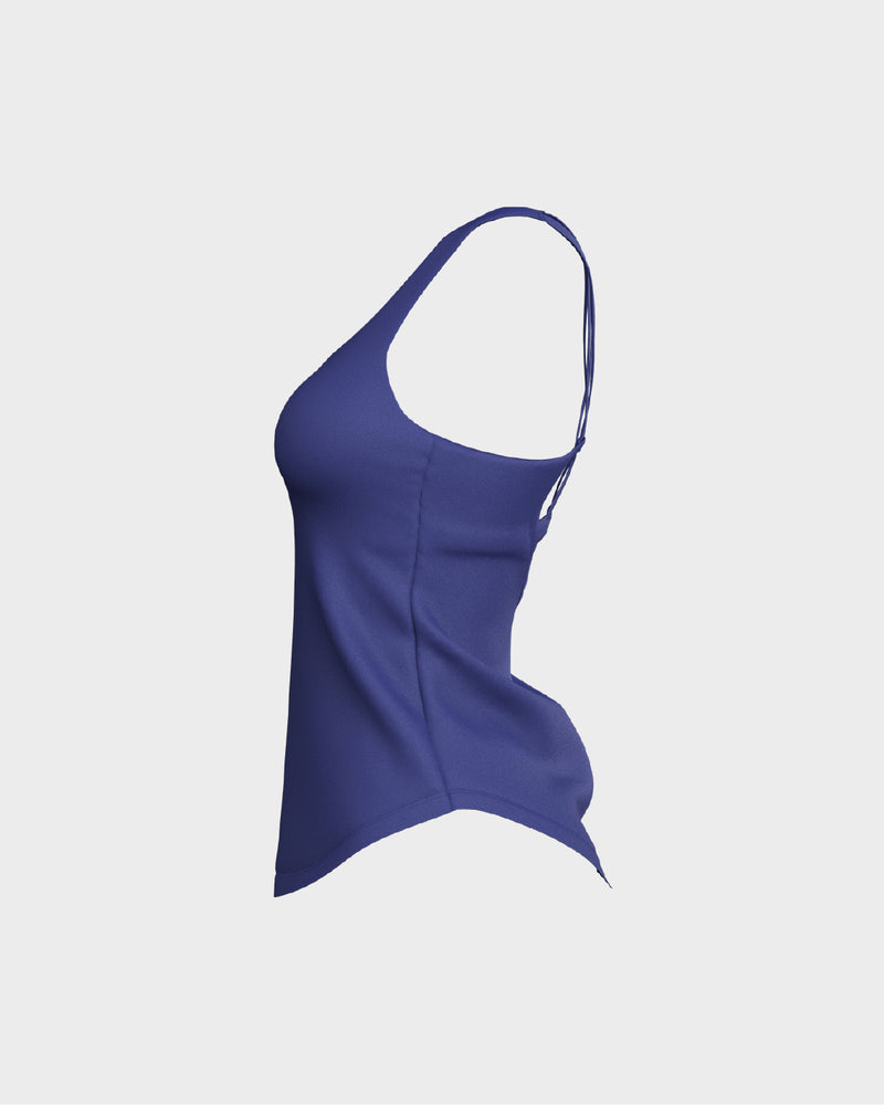 Ladies CrissCross Strappy Back Scallop Bottom Tank Top - Blue