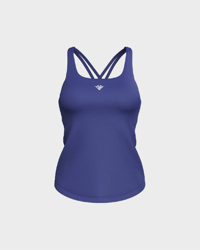 Ladies CrissCross Strappy Back Scallop Bottom Tank Top - Blue
