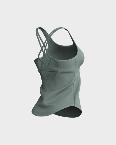 Ladies CrissCross Strappy Back Scallop Bottom Tank Top - Green