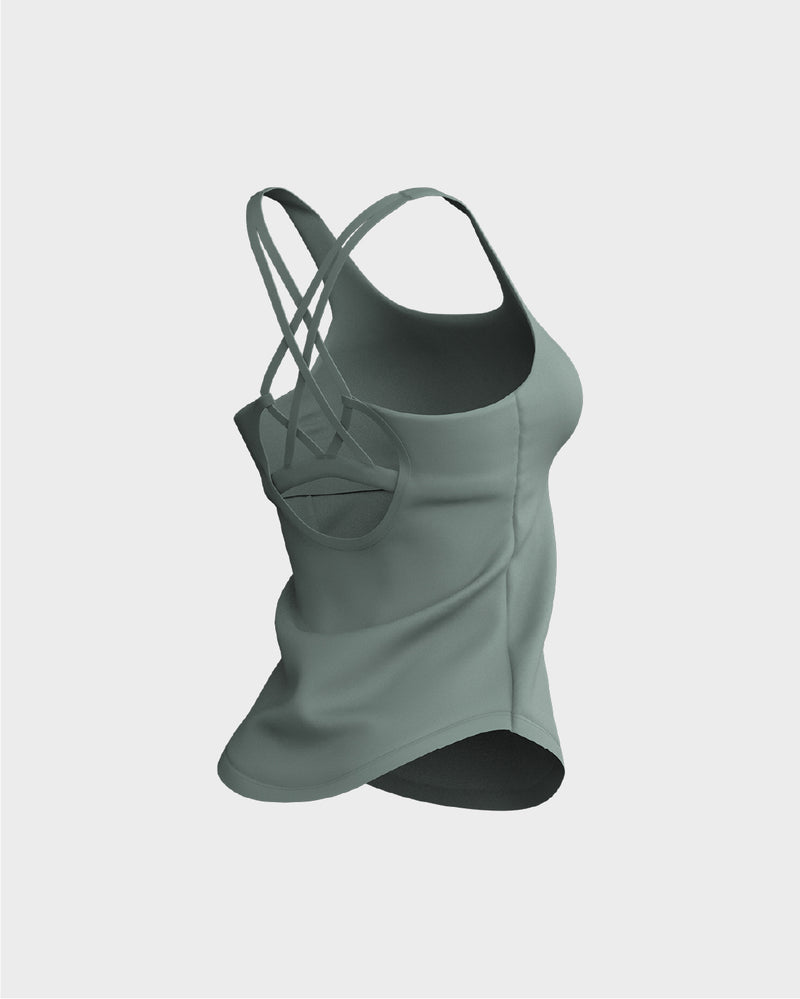 Ladies CrissCross Strappy Back Scallop Bottom Tank Top - Green