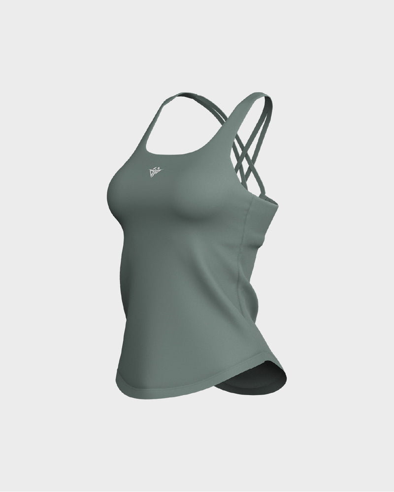 Ladies CrissCross Strappy Back Scallop Bottom Tank Top - Green