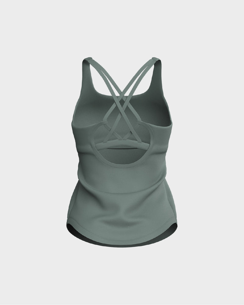 Ladies CrissCross Strappy Back Scallop Bottom Tank Top - Green