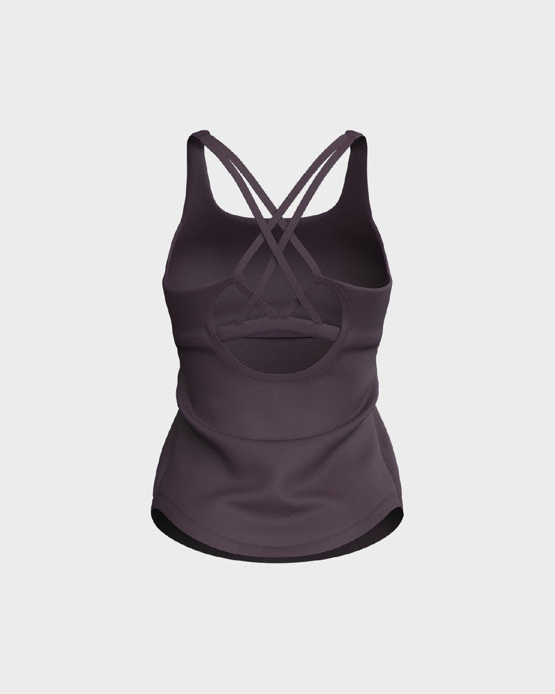 Ladies CrissCross Strappy Back Scallop Bottom Tank Top - Purple