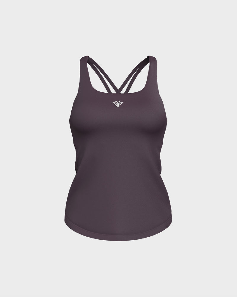 Ladies CrissCross Strappy Back Scallop Bottom Tank Top - Purple