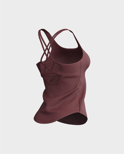 Ladies CrissCross Strappy Back Scallop Bottom Tank Top - Red