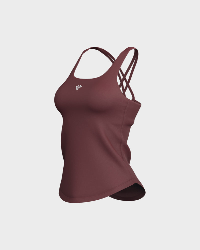 Ladies CrissCross Strappy Back Scallop Bottom Tank Top - Red