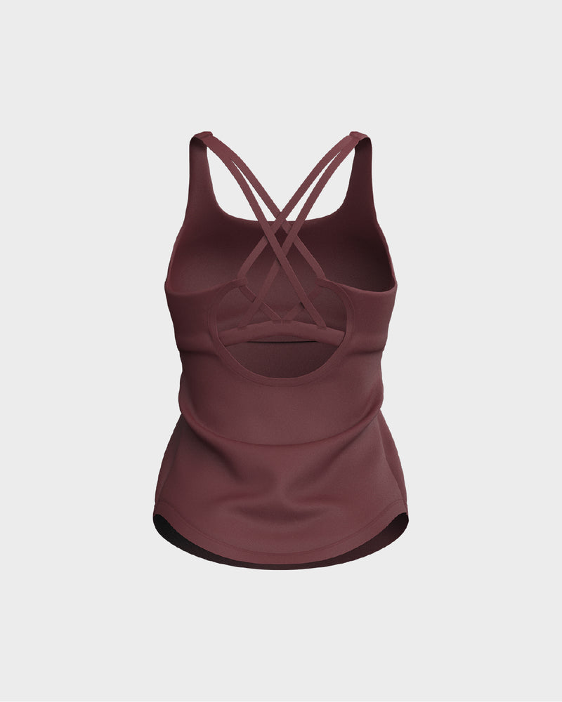 Ladies CrissCross Strappy Back Scallop Bottom Tank Top - Red