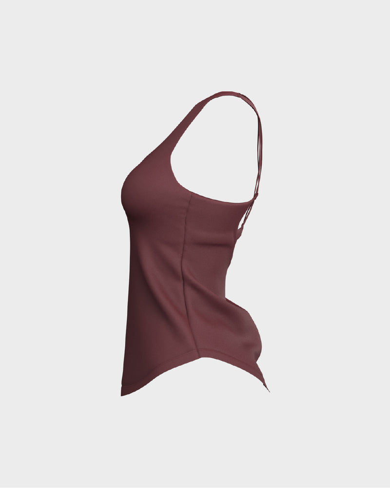 Ladies CrissCross Strappy Back Scallop Bottom Tank Top - Red