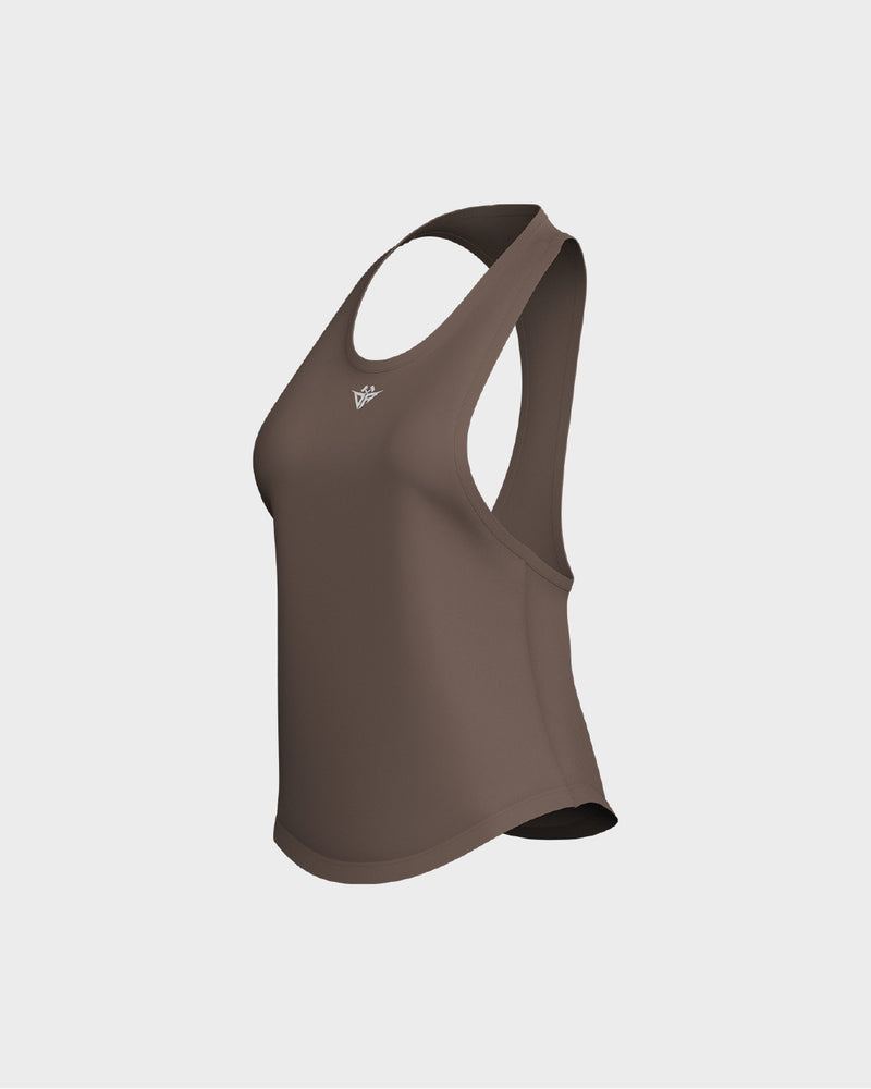 Ladies Dropped Armhole Racer Back Scallop Bottom Tank Top - Beige