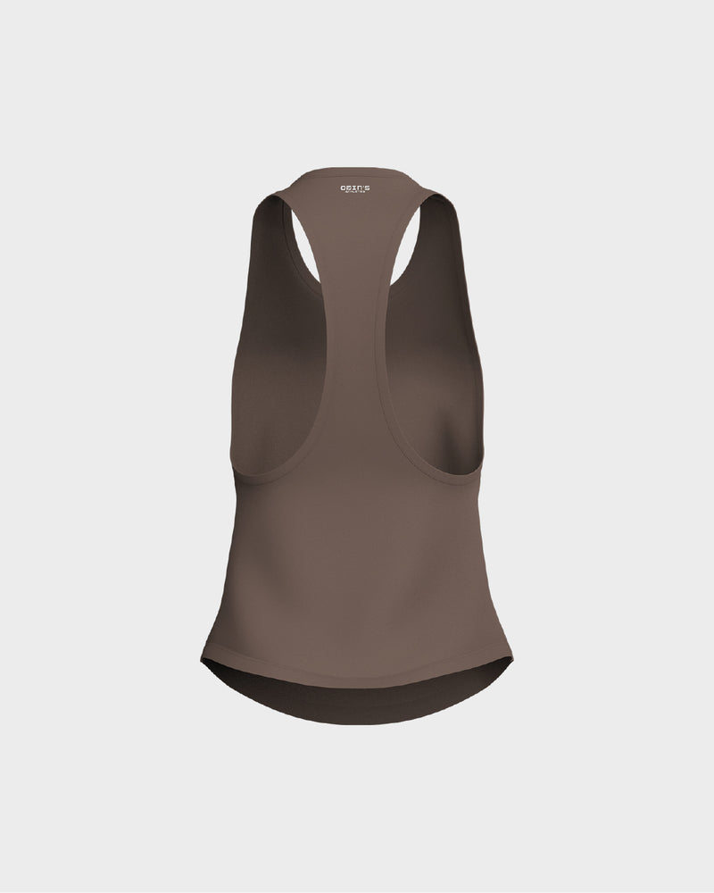 Ladies Dropped Armhole Racer Back Scallop Bottom Tank Top - Beige