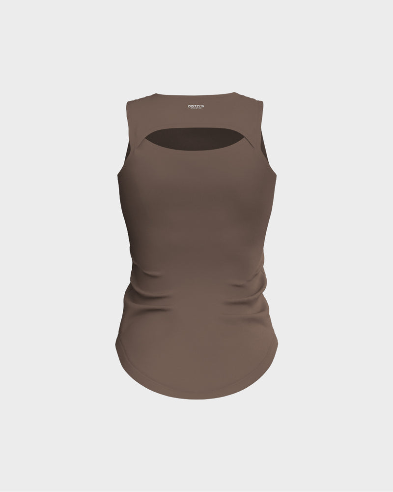 Ladies Overlapping Back Cut Out Scallop Bottom Relaxed Tank Top - Beige
