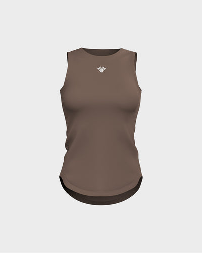 Ladies Overlapping Back Cut Out Scallop Bottom Relaxed Tank Top - Beige