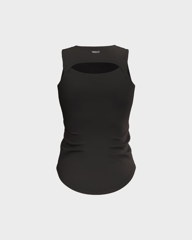 Ladies Overlapping Back Cut Out Scallop Bottom Relaxed Tank Top - Black
