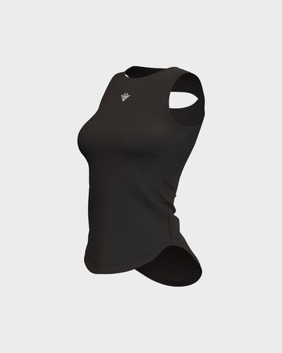 Ladies Overlapping Back Cut Out Scallop Bottom Relaxed Tank Top - Black