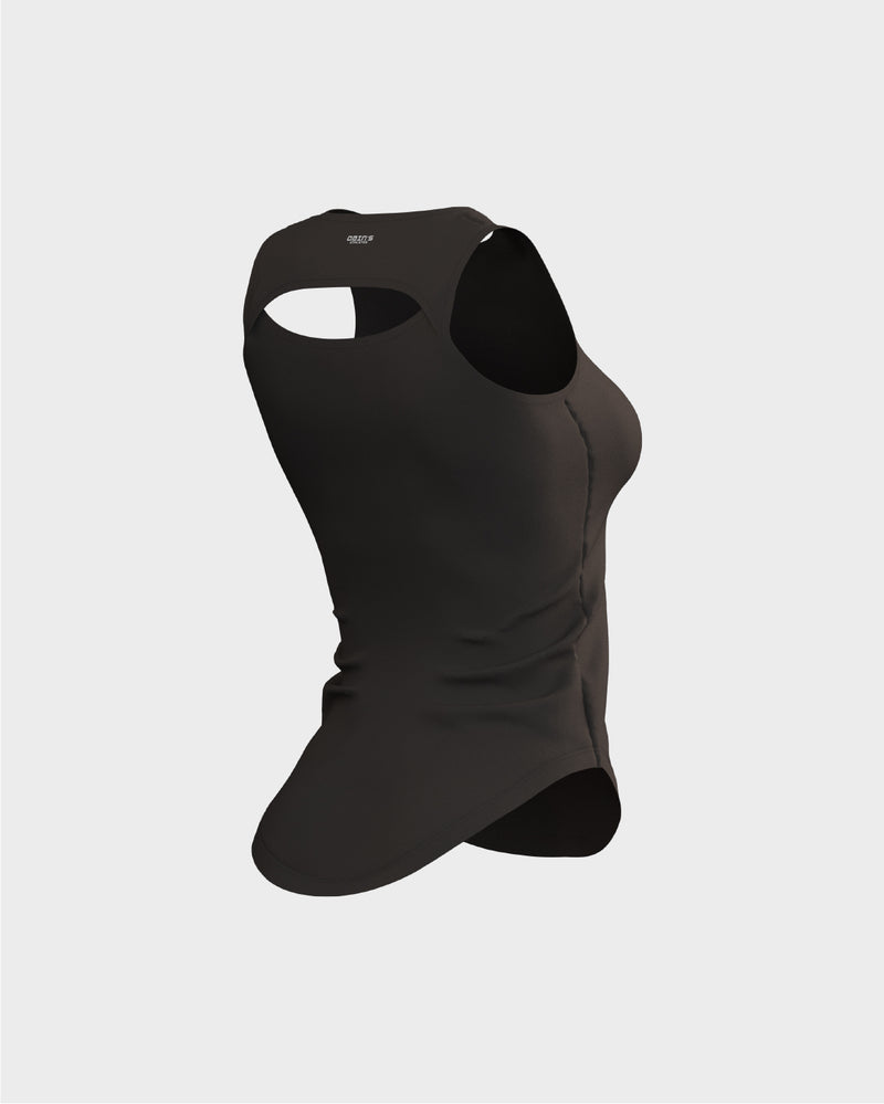 Ladies Overlapping Back Cut Out Scallop Bottom Relaxed Tank Top - Black