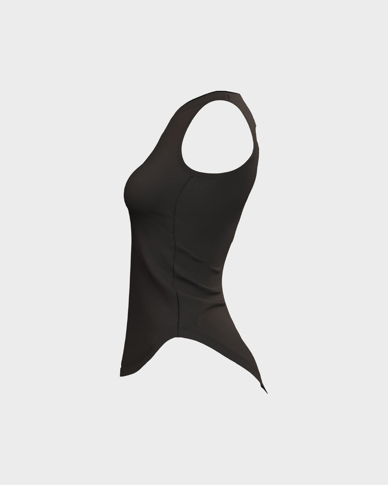 Ladies Overlapping Back Cut Out Scallop Bottom Relaxed Tank Top - Black