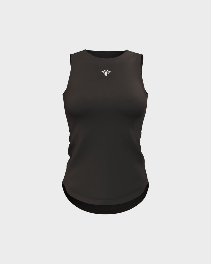 Ladies Overlapping Back Cut Out Scallop Bottom Relaxed Tank Top - Black