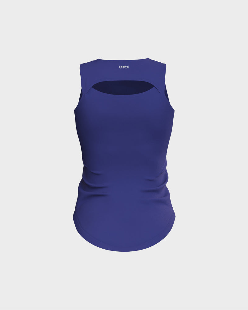 Ladies Overlapping Back Cut Out Scallop Bottom Relaxed Tank Top - Blue