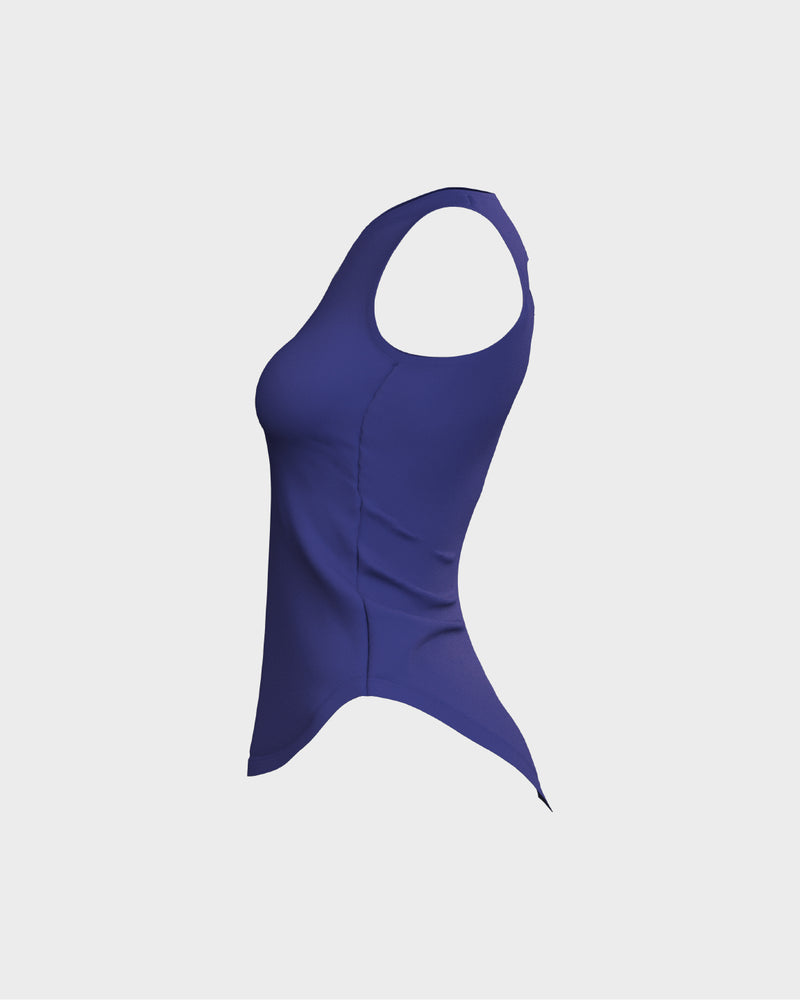 Ladies Overlapping Back Cut Out Scallop Bottom Relaxed Tank Top - Blue