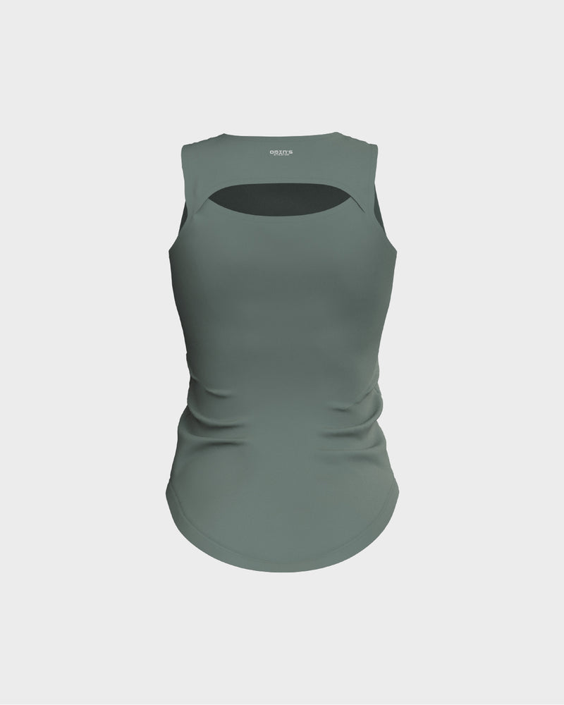 Ladies Overlapping Back Cut Out Scallop Bottom Relaxed Tank Top - Green