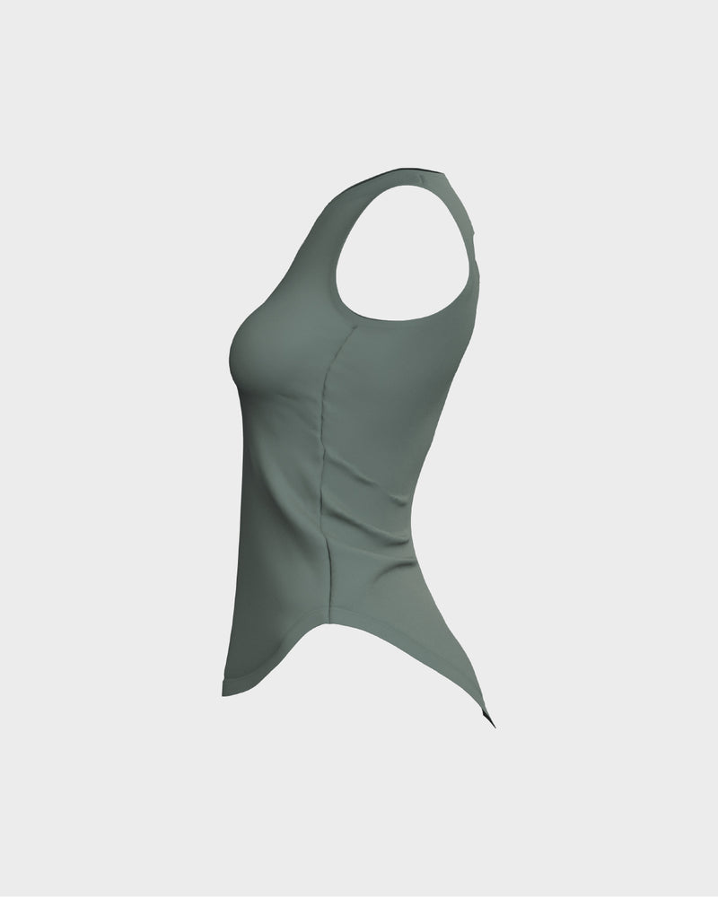 Ladies Overlapping Back Cut Out Scallop Bottom Relaxed Tank Top - Green