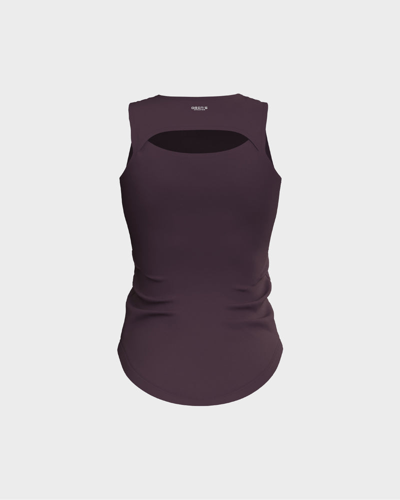 Ladies Overlapping Back Cut Out Scallop Bottom Relaxed Tank Top - Purple
