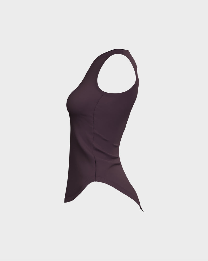 Ladies Overlapping Back Cut Out Scallop Bottom Relaxed Tank Top - Purple
