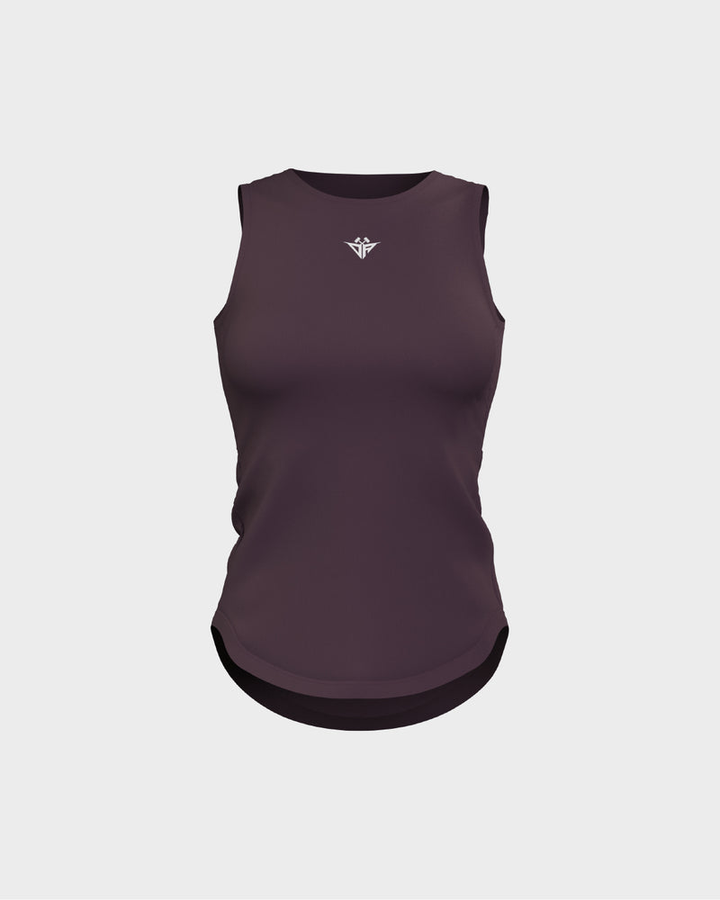 Ladies Overlapping Back Cut Out Scallop Bottom Relaxed Tank Top - Purple