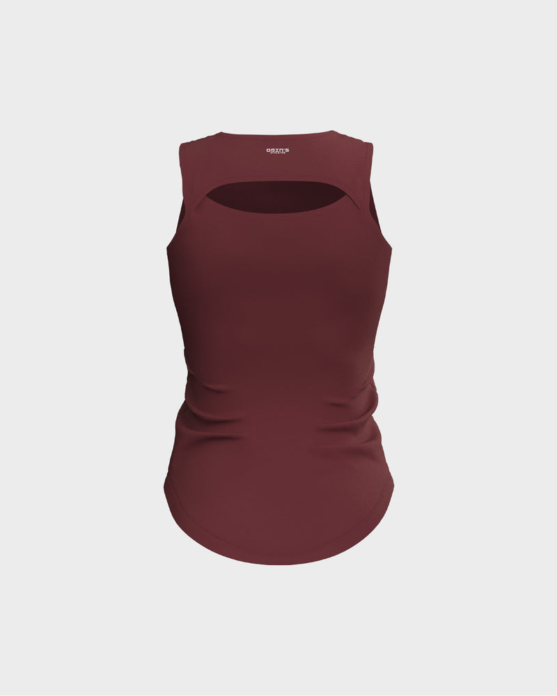 Ladies Overlapping Back Cut Out Scallop Bottom Relaxed Tank Top - Red